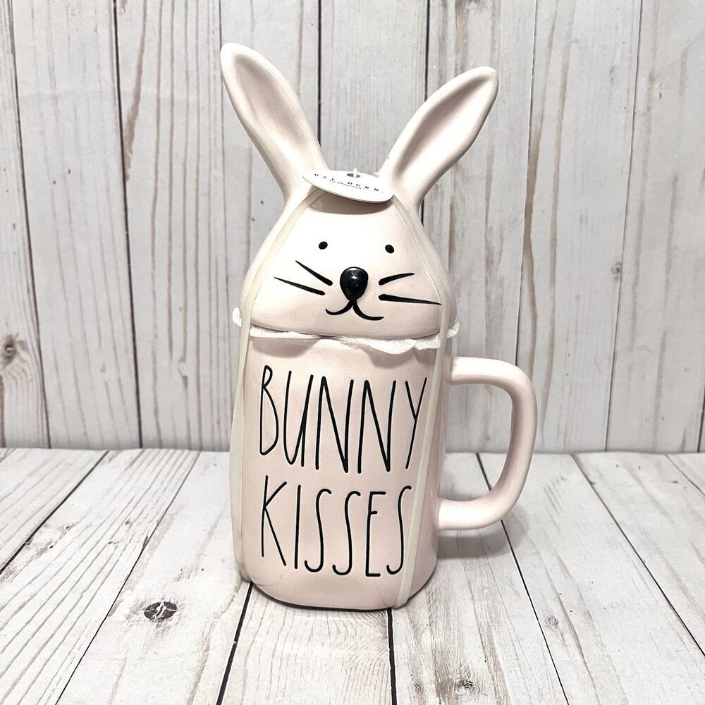 NEW Rae Dunn Spring Easter “BUNNY KISSES” Pink Mug With Bunny Ears Lid Topper